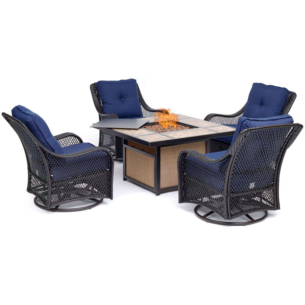 Orleans5pc Fire Pit: 4 Cushioned Swivel Gliders and Tile Top Fire Pit