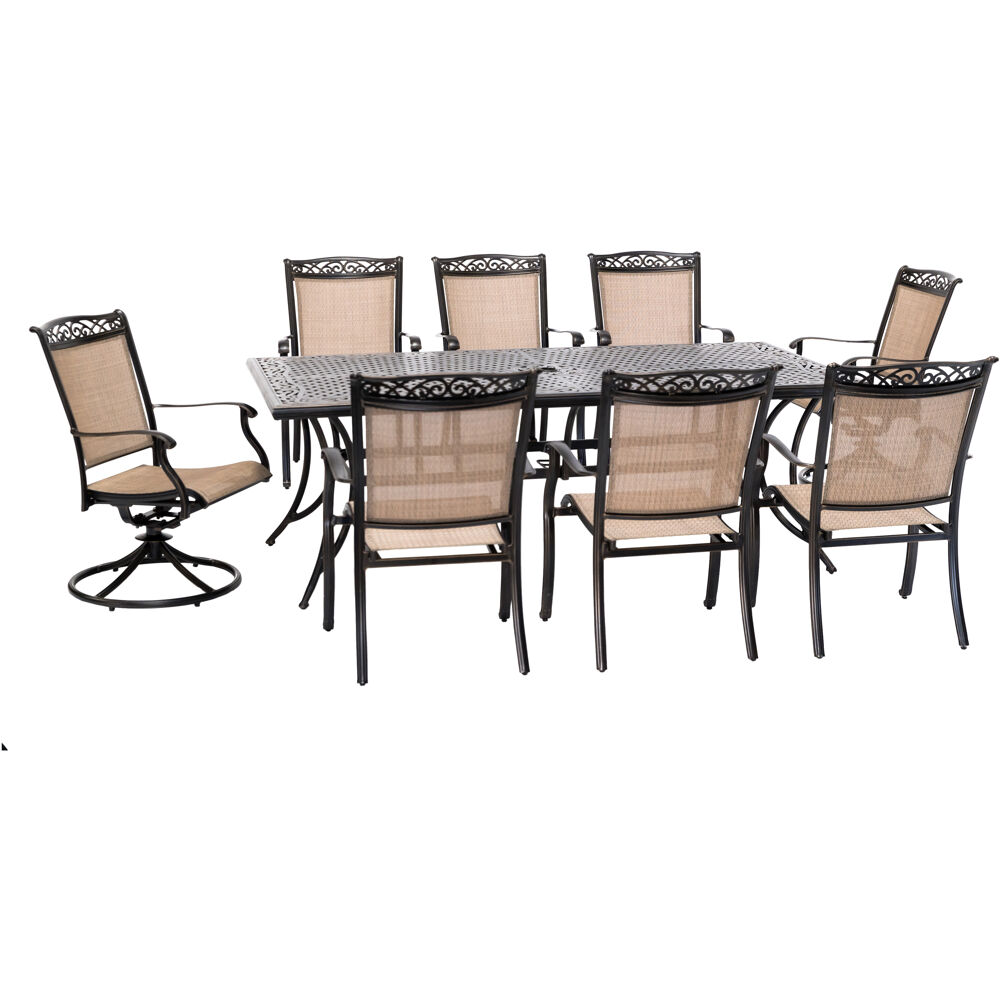 Fontana9pc: 6 Dining Chairs, 2 Swivel Rockers, 42"x84" Cast Table