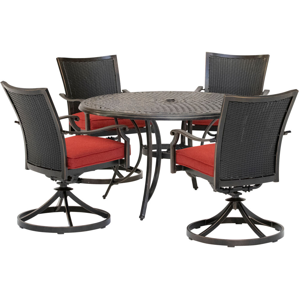 Traditions5pc: 4 Wicker Back Swivel Rockers, 48" Round Cast Table