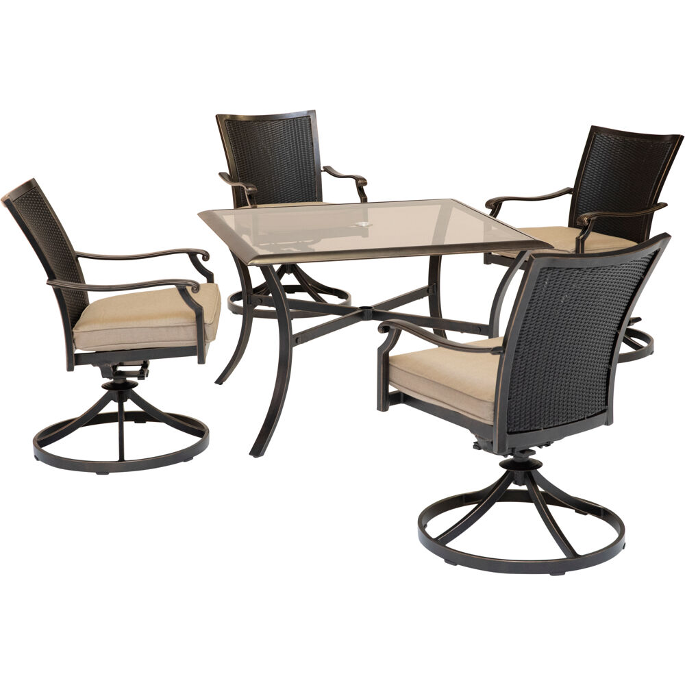 Traditions5pc: 4 Wicker Back Swivel Rockers, 42" Square Glass Table