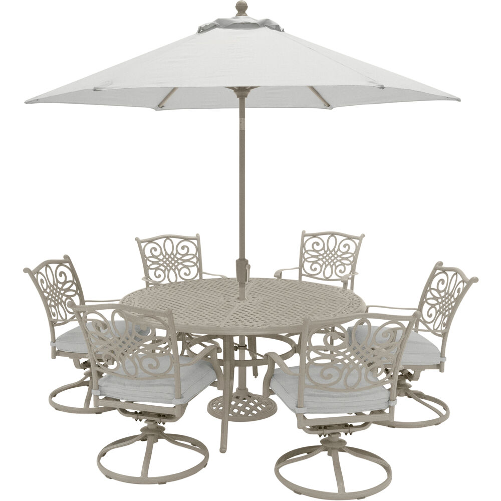 Traditions7pc: 6 Swivel Rockers, 60" Round Cast Table, Umbrella, Base