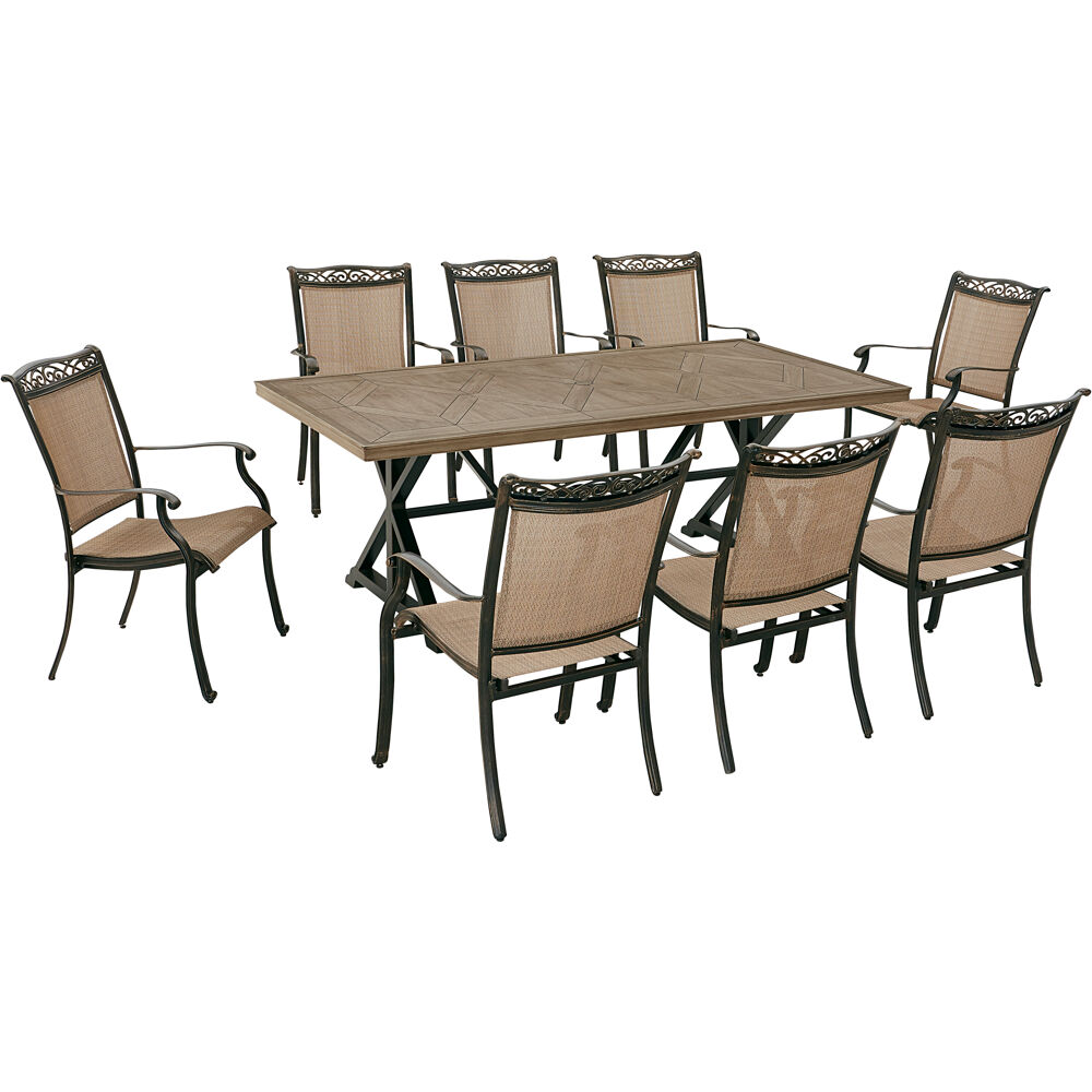 Fontana9pc: 8 Sling Dining Chairs, 42"x80" Farmhouse Table