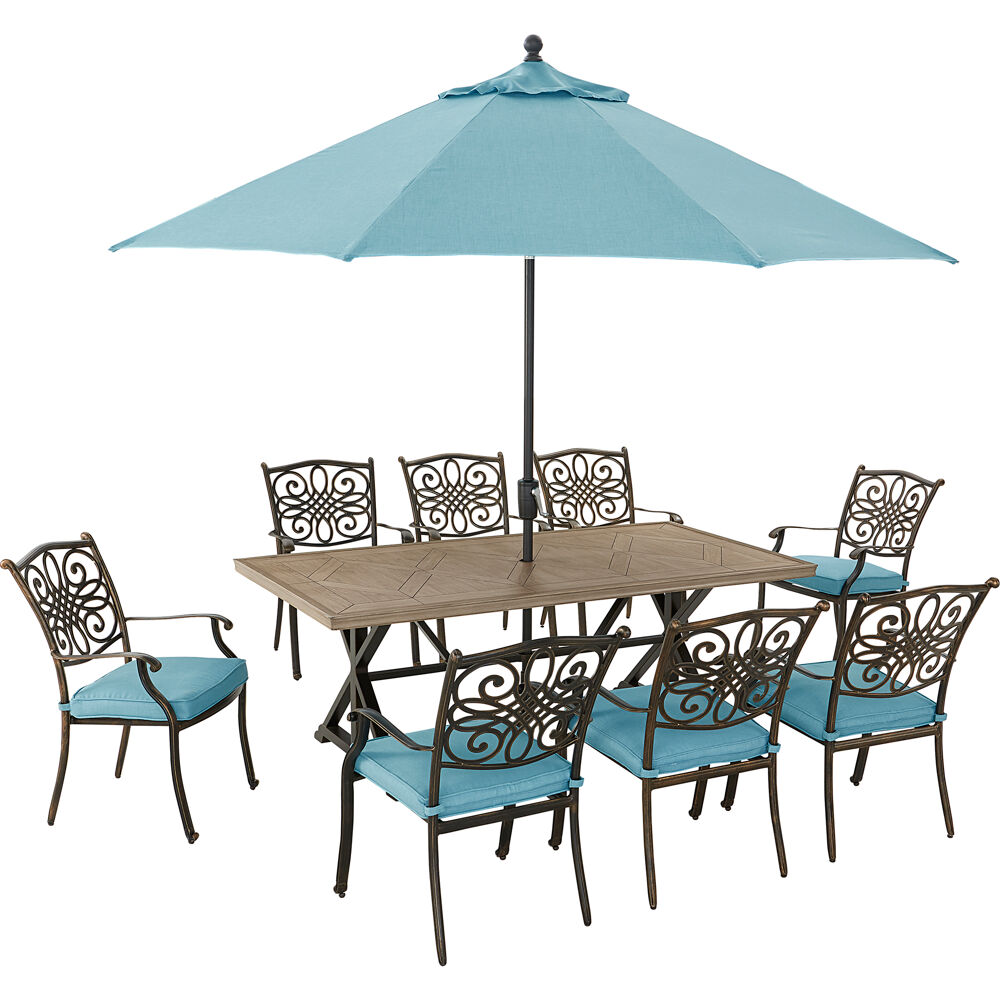 Traditions9pc: 8 Dining Chairs, 42"x80" Farmhouse Table, Umbrella, Base
