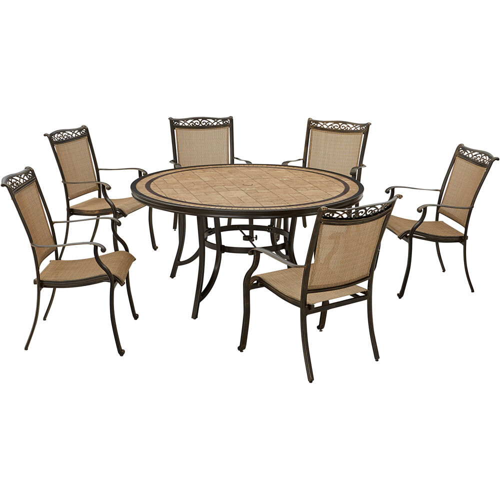 Fontana7pc: 6 Sling Dining Chairs, 60" Round Tile Table