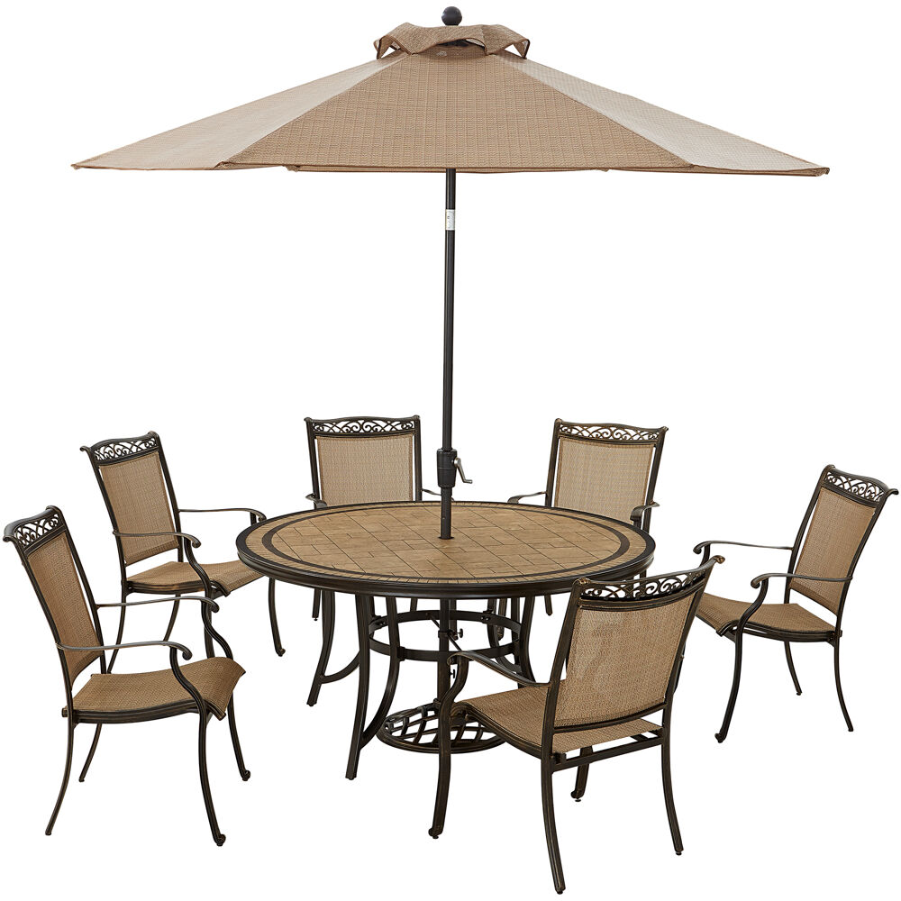 Fontana7pc: 6 Sling Dining Chairs, 60" Round Tile Table, Umbrella, Base