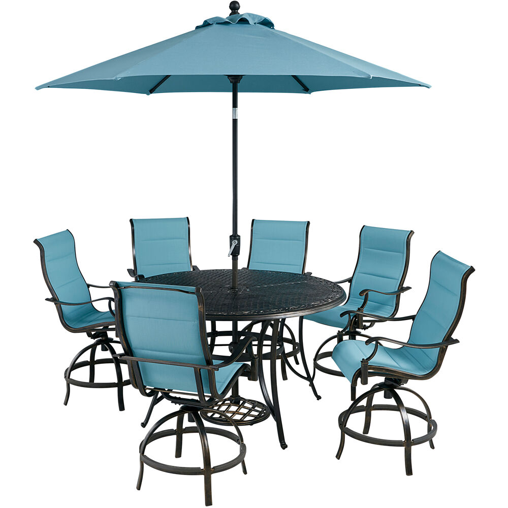 Traditions7pc: 6 Padded Swivel Cntr Hght Chrs, 56" Cast Tbl, Umb, Base