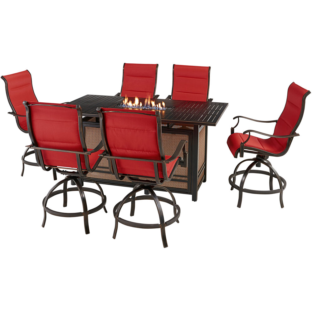 Traditions7pc: 6 Padded Swivel Counter Hght Chairs, Slat Fire Pit Tbl