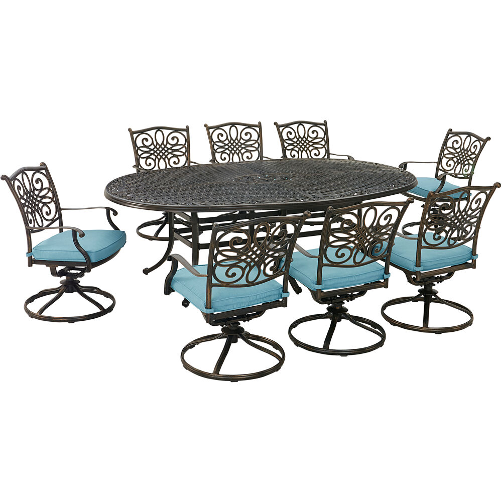 Traditions9pc: 8 Swivel Rockers, 96"x60" Oval Cast Table