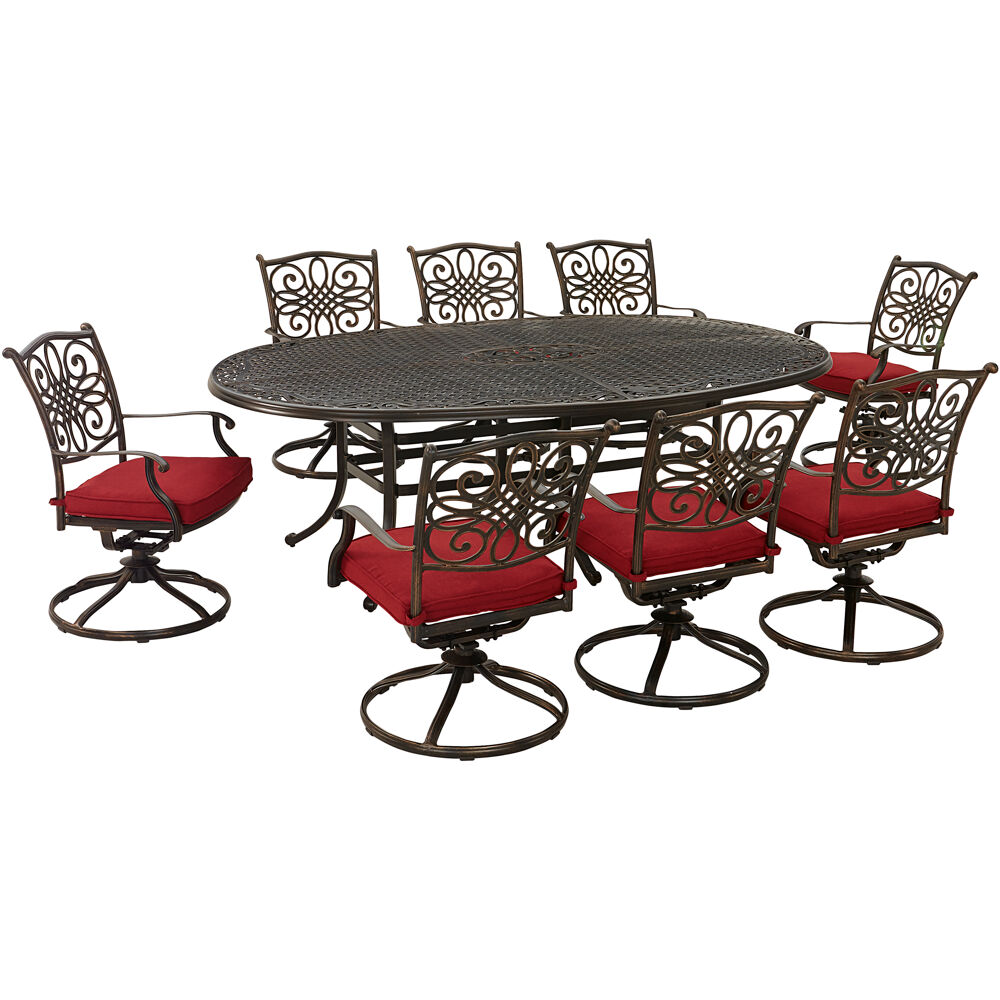 Traditions9pc: 8 Swivel Rockers, 96"x60" Oval Cast Table