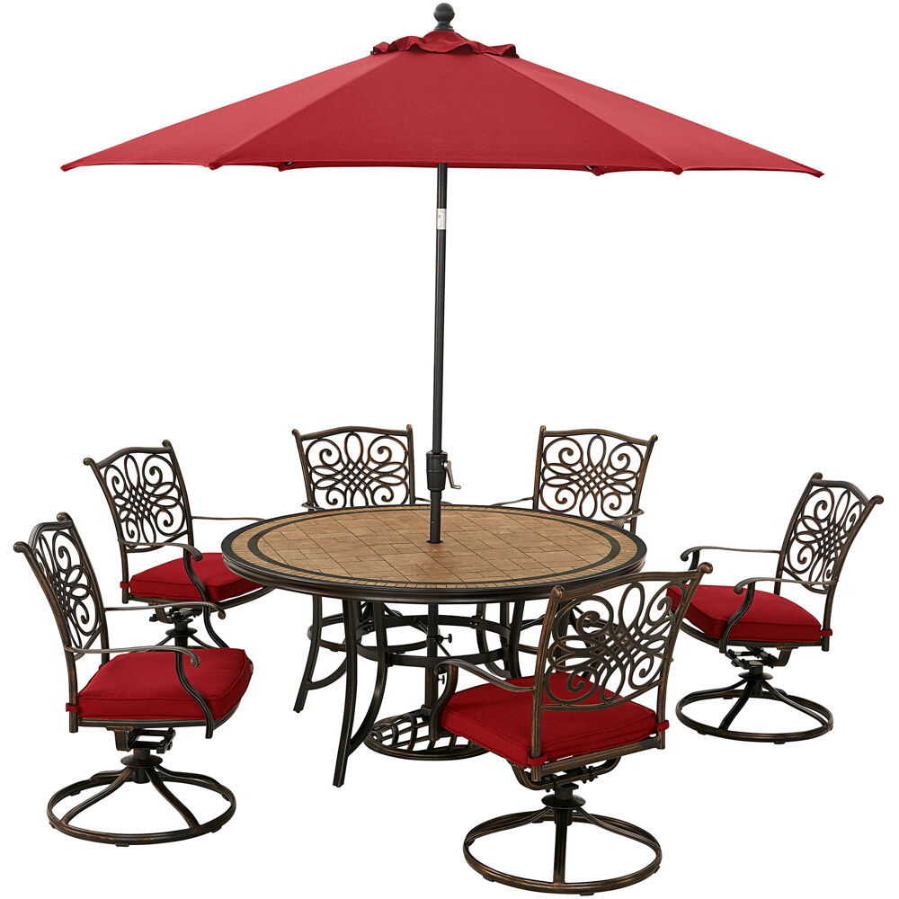 Monaco7pc: 6 Cush Swivel Rockers, 60" Round Tile Table, Umbrella, Base