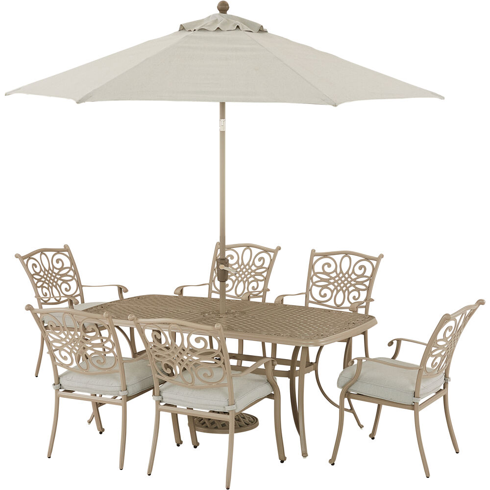 Traditions7pc: 6 DiningChairs, 38"x72" Cast Table, Umbrella & Base