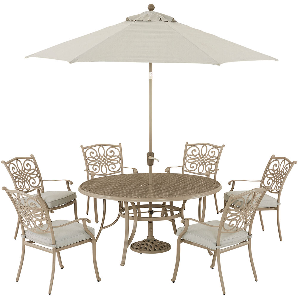 Traditions7pc: 6 Dining Chairs, 60" Round Cast Table, Umbrella, Base