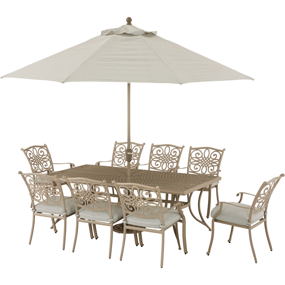 Traditions9pc: 8 Dining Chairs, 42"x84" Cast Table, Umbrella, Base