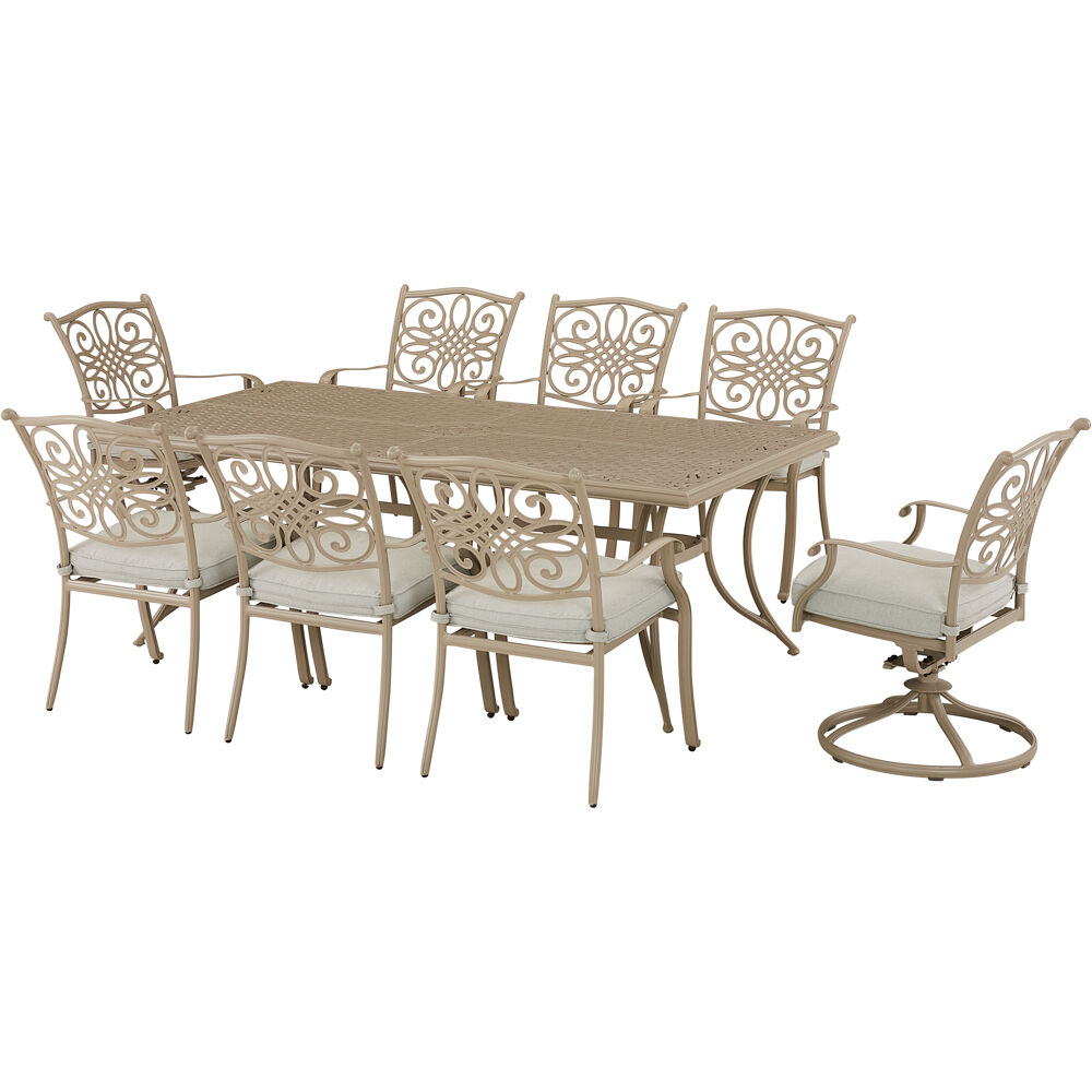 Traditions9pc: 2 Swivel Rockers, 6 Dining Chairs, 42"x84" Cast Table