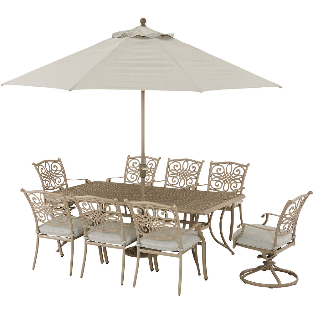 Traditions9pc: 2 Swivel Rkrs, 6 Dining Chrs, 38"x72" Table, Umb & Base