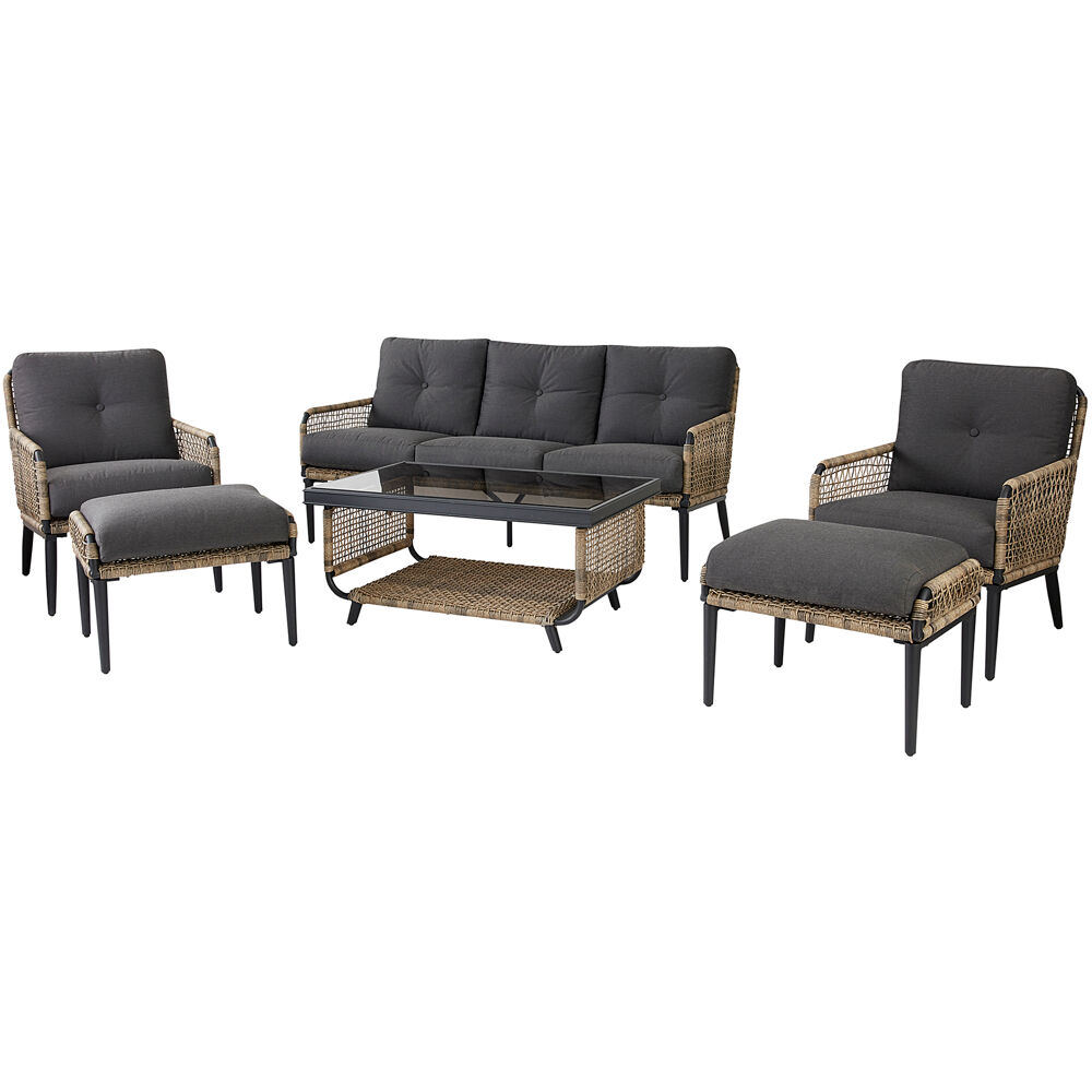 Sedona6pc Set: 2 Chairs, Sofa, 2 Ottomans, Glass Top Coffee Table