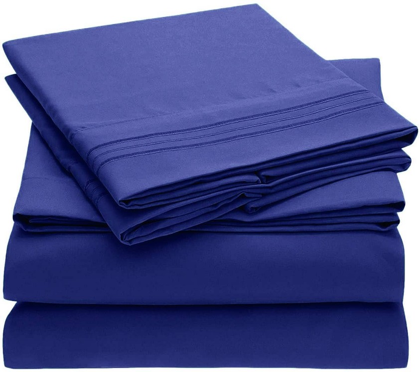 Embroidery Soft Sheet Set Wrinkle Resistant Cal-King Dark Blue 