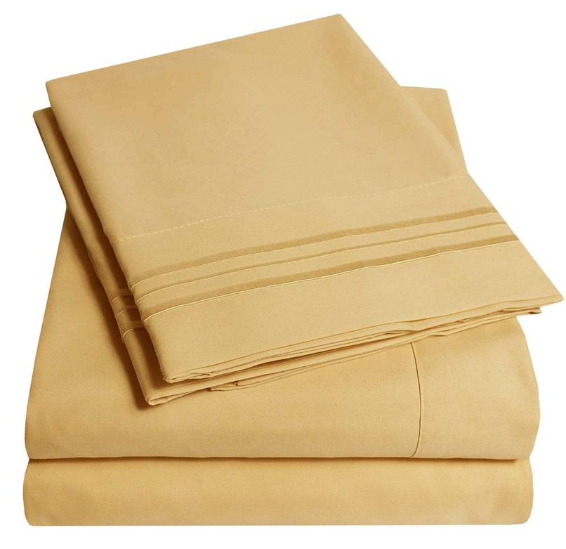 Embroidery Soft Sheet Set Wrinkle Resistant Cal-King Gold