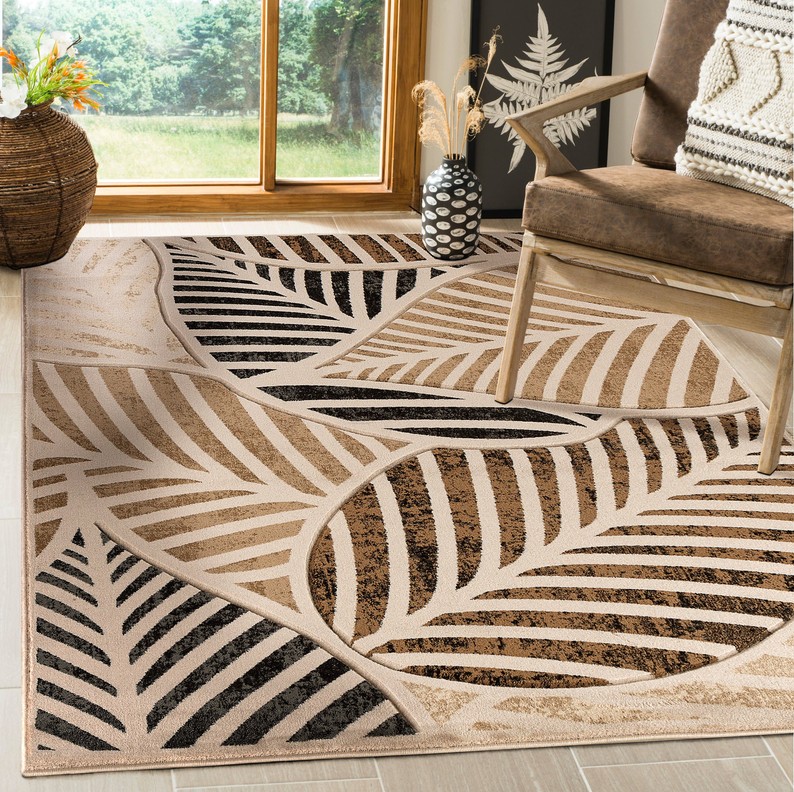 Hand-Carved Soft Rug 3'8" x 5'6"  Beige  Leaf 