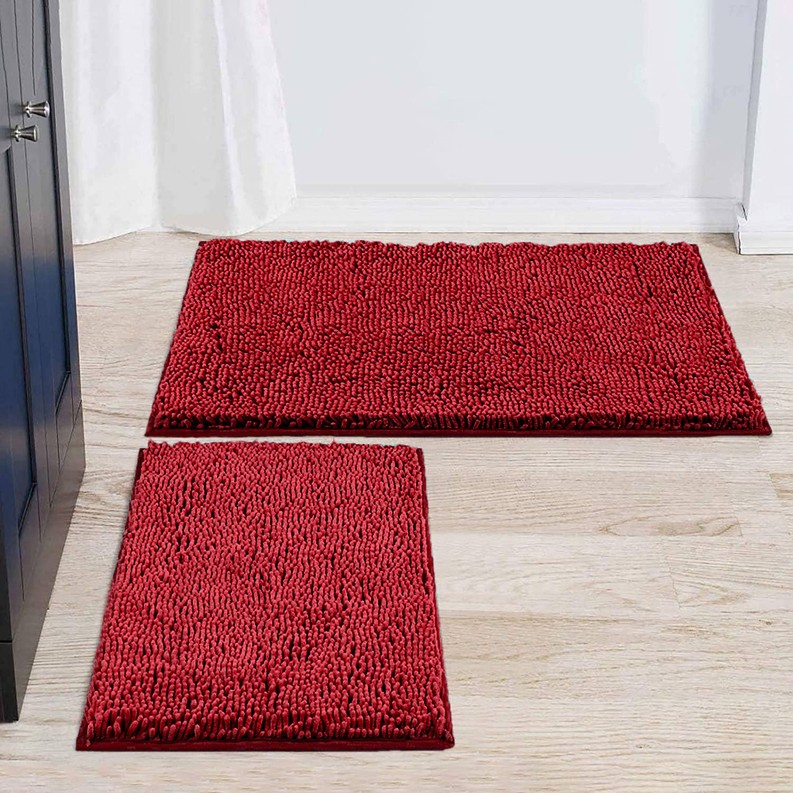 Soft Shag Plush Bathroom Mat Shower Curtain Red