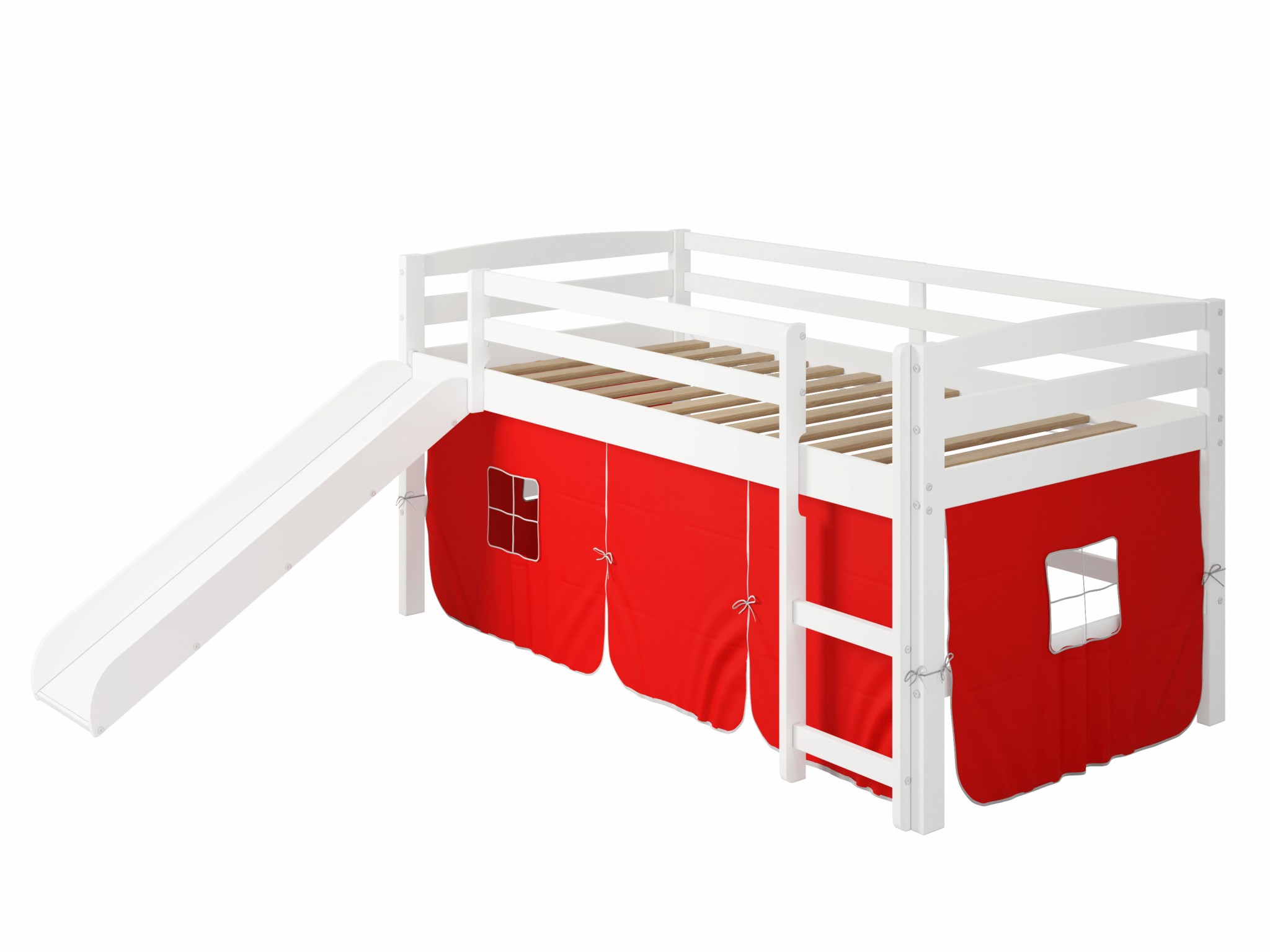 41" X 81" X 46" White Solid Pine Red Tent Loft Bed with Slide and Ladder
