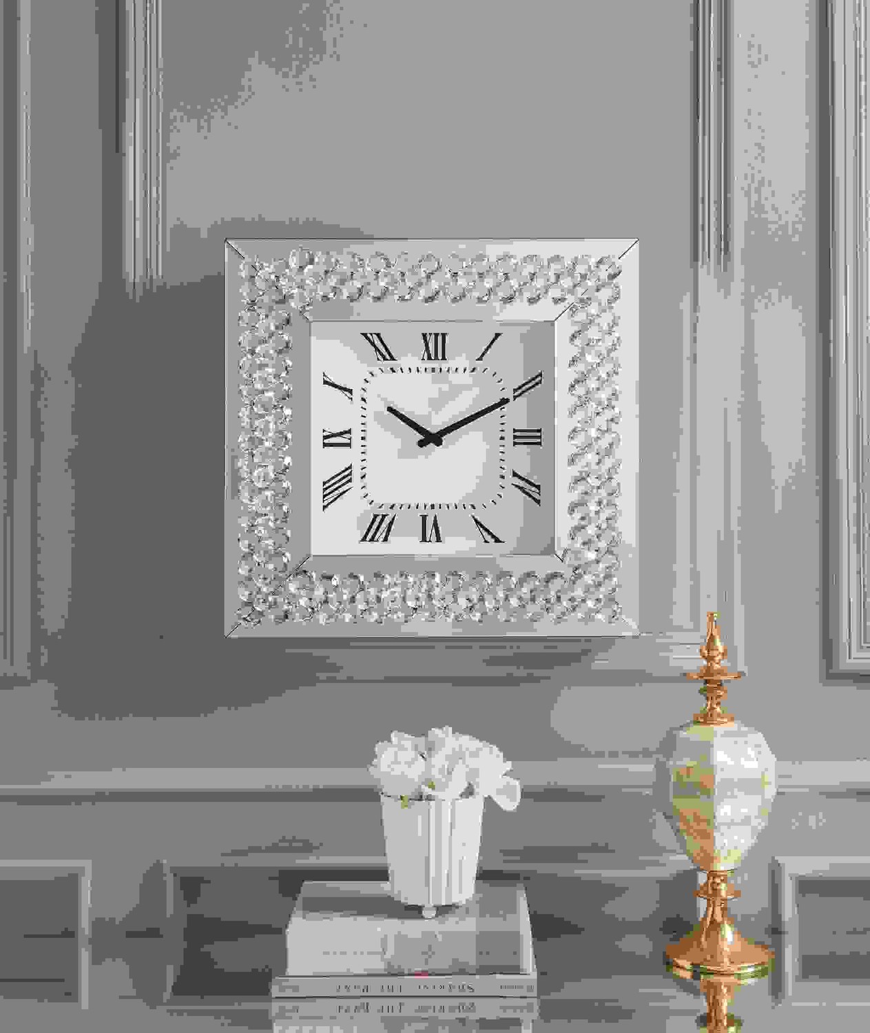 20" X 2" X 20" Mirrored And Faux Crystals Analog Wall Clock