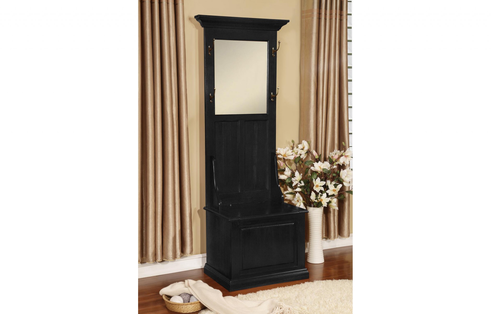 28.5" X 18" X 78" Black Hardwood Hall Tree