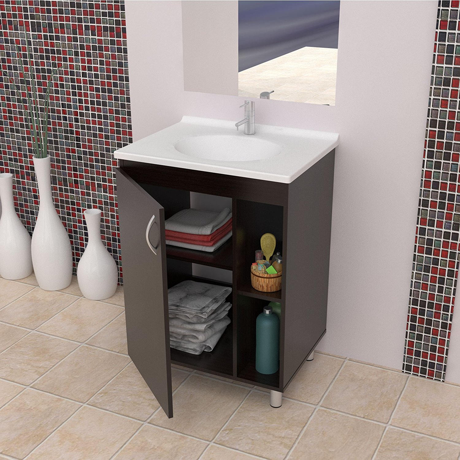 34.1" Modern Espresso Solid Composite Wood Vanity with Folding Doors