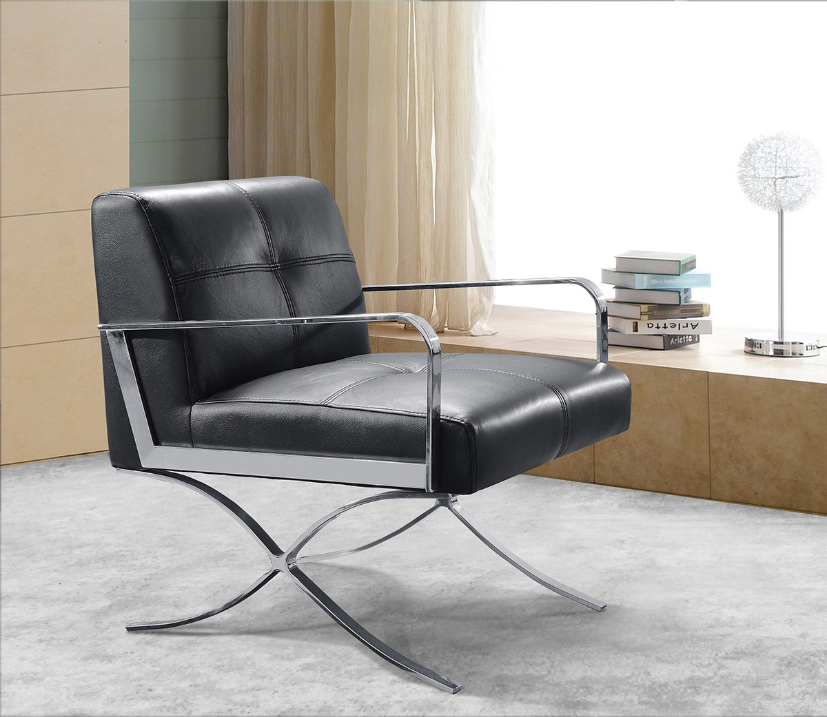 31" Black Leather and Steel Lounge Chair