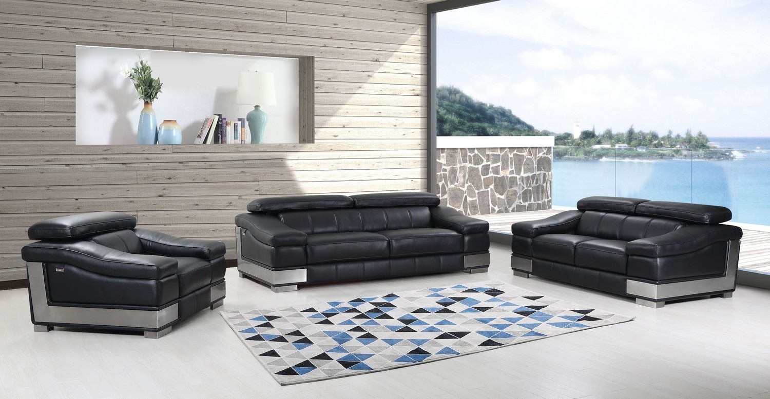 117" Modern Black Leather Sofa Set