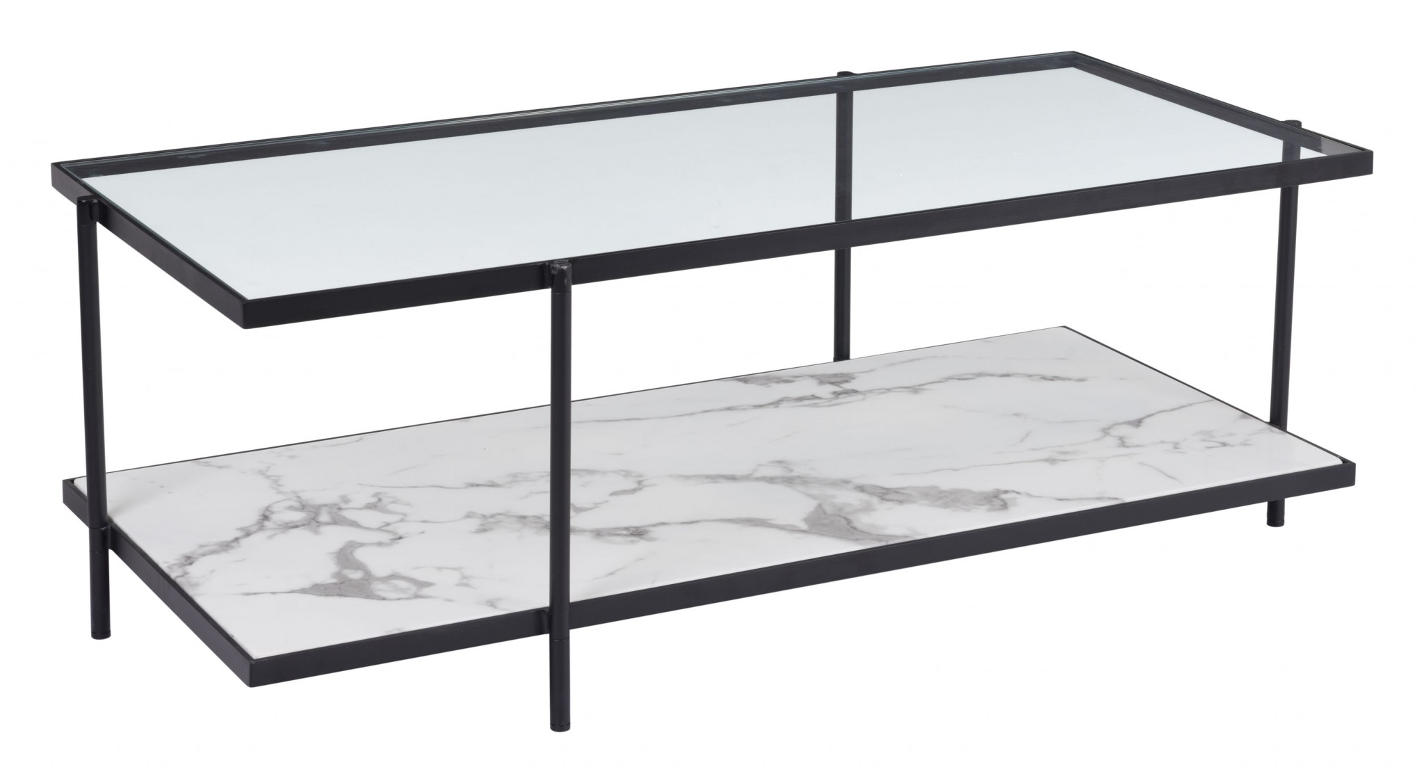 48" x 22" x 17.7" Clear, White & Matte Black, Tempered Glass, Faux Marble, Steel, Coffee Table