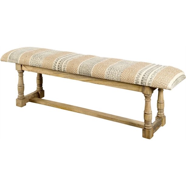 Rectangular Mango Wood Orange and Brown Upholstered Accent Bench