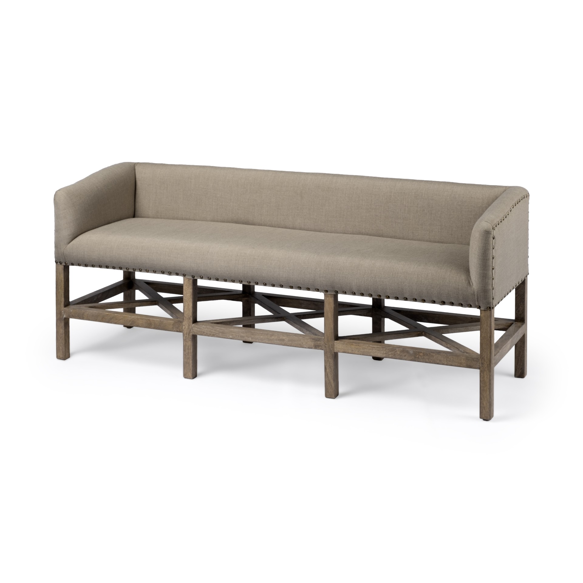 Rectangular Mango Wood/Light Brown Finish W/ Beige Fabric Covered Seat Accent Bench