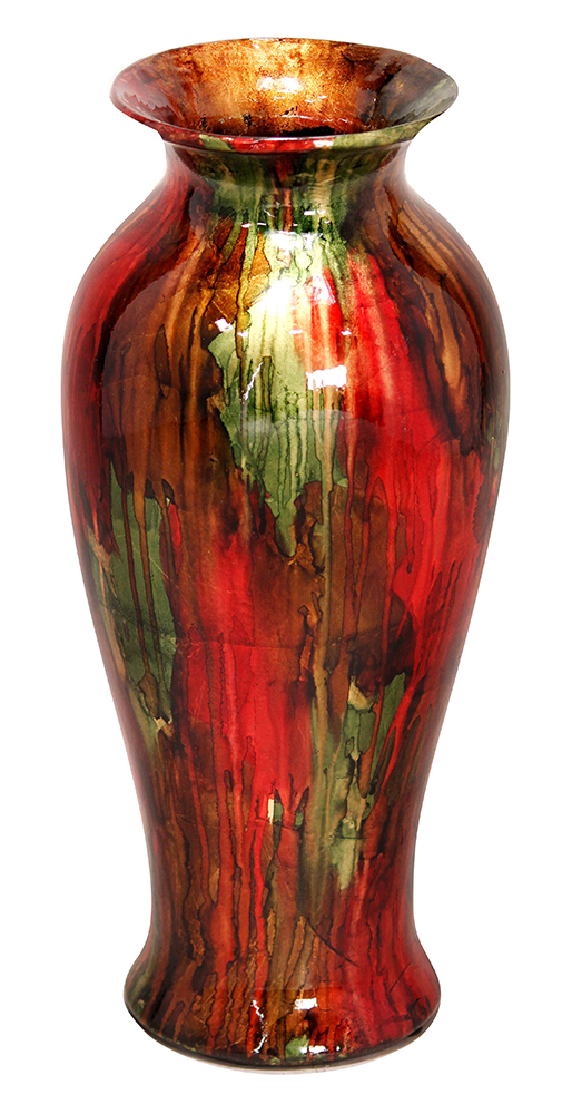 8.75" X 8.75" X 21.25" Red Brown And Green Ceramic Foiled and Lacquered Ceramic Vase