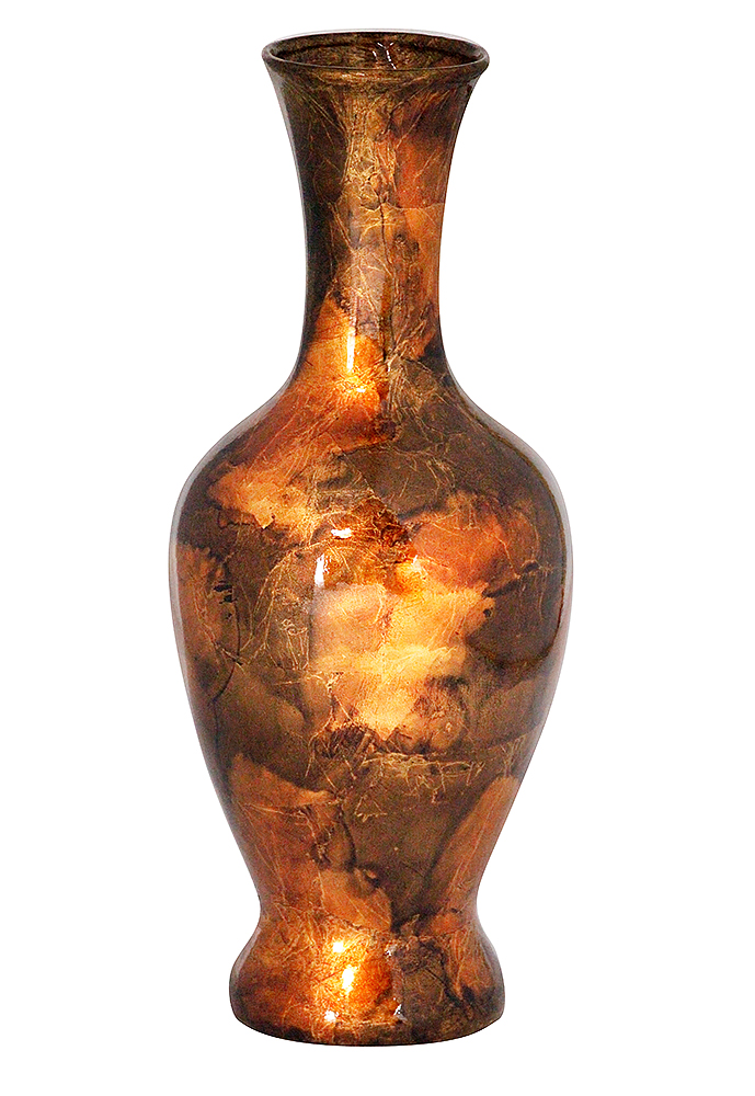 8.25" X 8.25" X 20" Copper Brown And Orange Ceramic Foiled and Lacquered Ceramic Vase