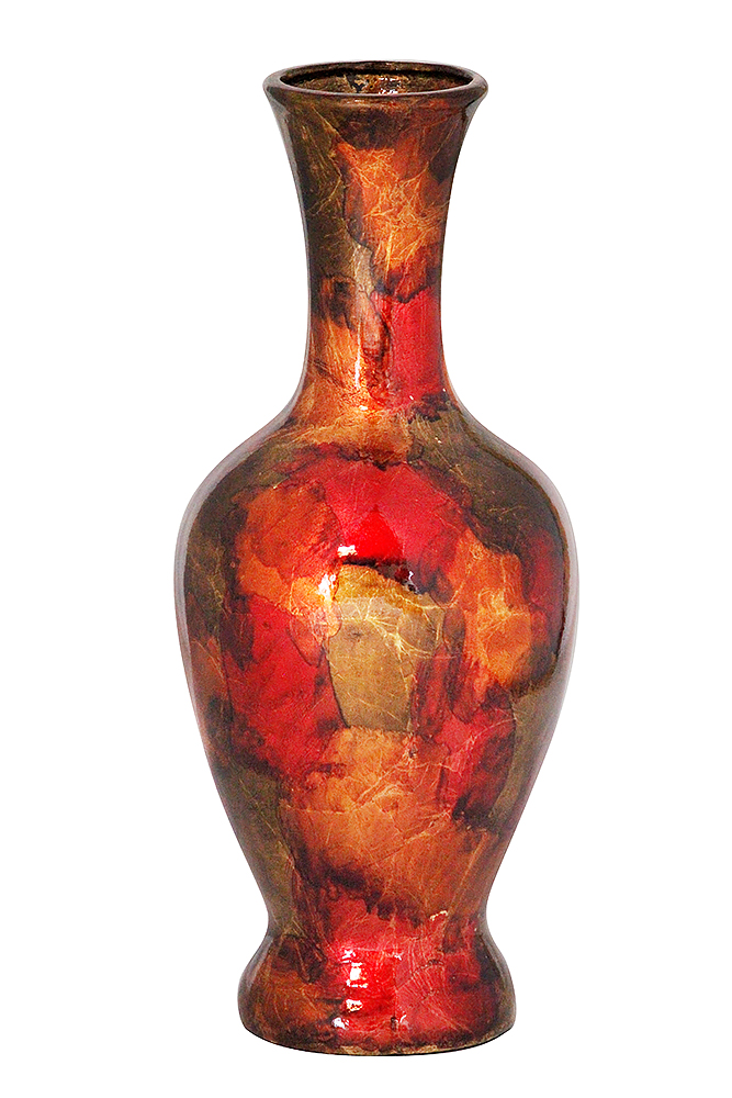 8.25" X 8.25" X 20" Copper Red And Gold Ceramic Foiled and Lacquered Ceramic Vase