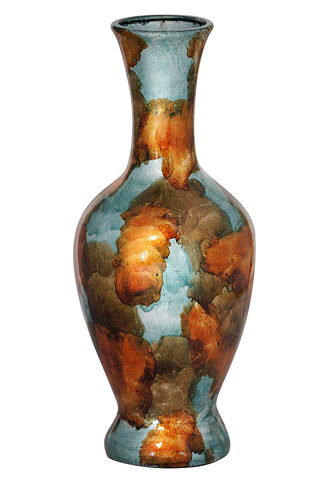 8.25" X 8.25" X 20" Copper Gold And Aqua Ceramic Foiled and Lacquered Ceramic Vase