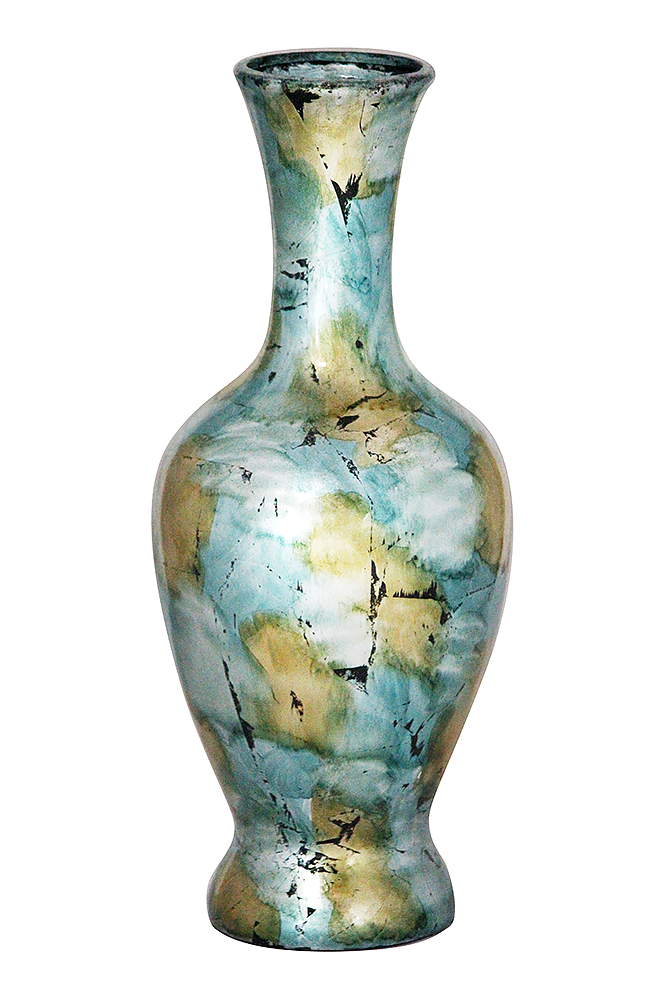 8.25" X 8.25" X 20" Mint And Gold with Black Show Through Ceramic Foiled and Lacquered Ceramic Vase