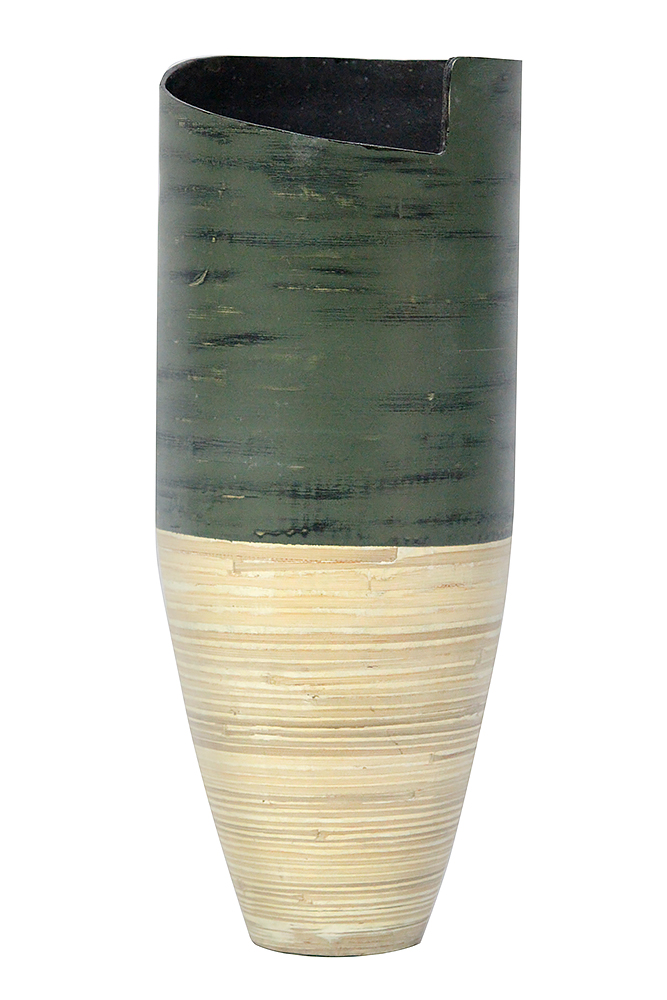 10.25" X 10.25" X 25" Distressed Green and Natural Bamboo Bamboo Spun Bamboo Vase