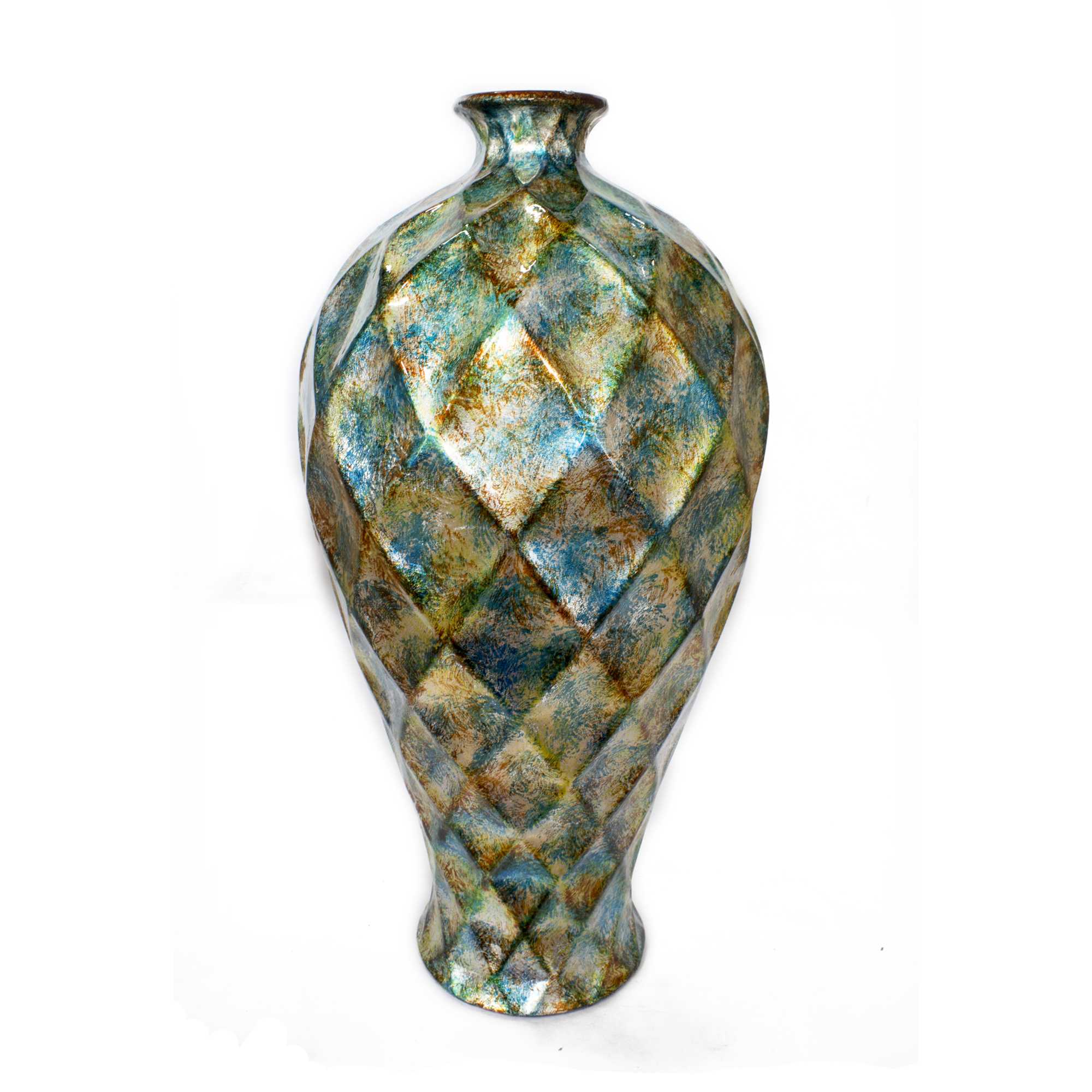 11" X 11" X 19.5" Green Gold Orange Ceramic Foiled and Lacquered Faceted Plum Vase
