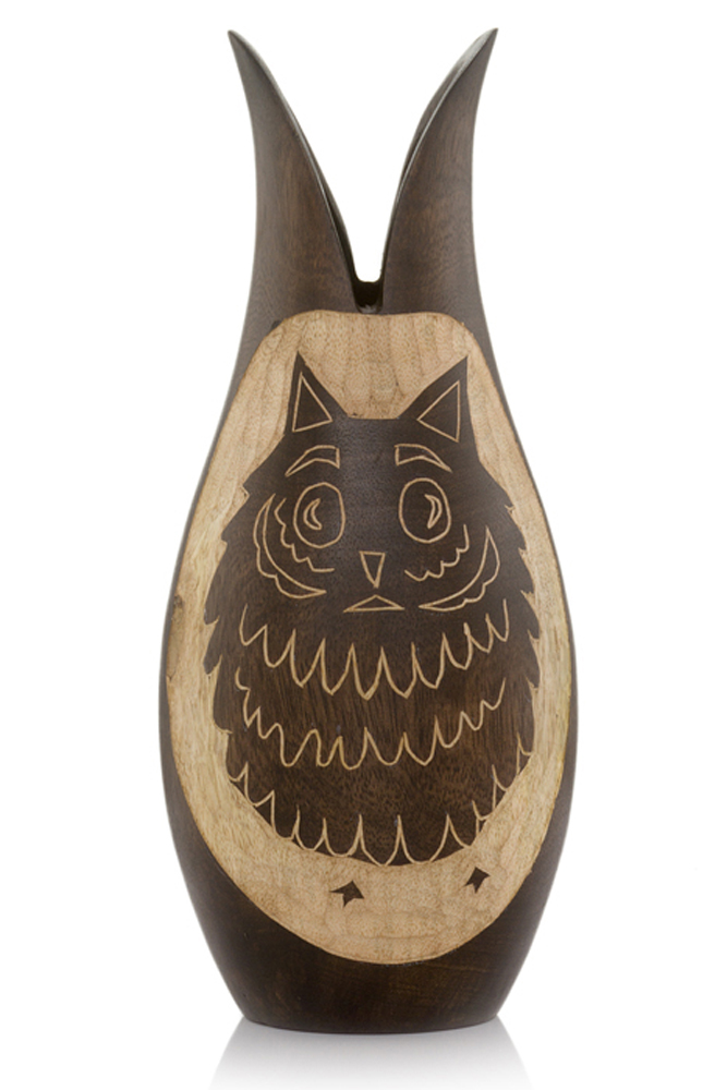 7" x 7" x 14" Ebony Natural Wood Owl Vase