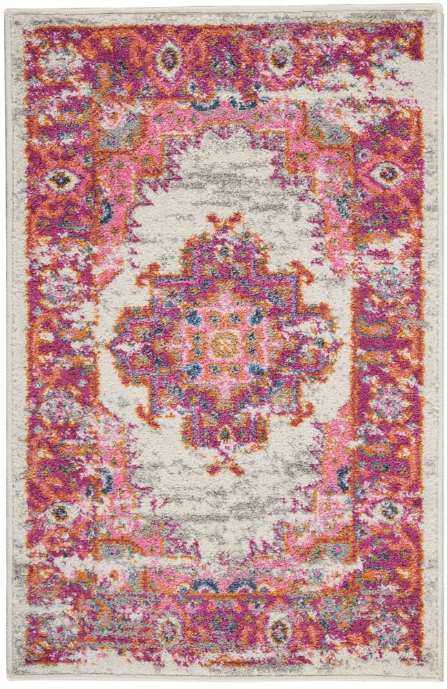 2 x 3' Ivory and Fuchsia Distressed Scatter Rug