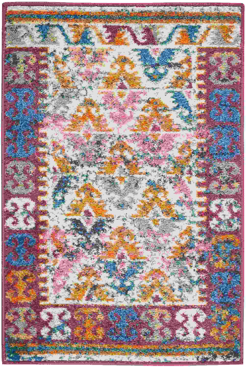 2 x 3 Ivory and Magenta Tribal Pattern Scatter Rug