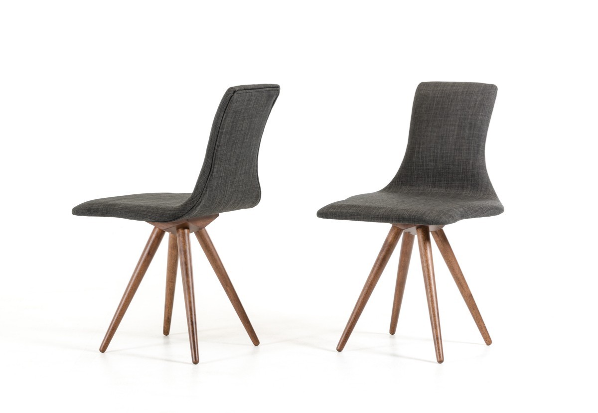 Set of 2 Modern Grey Fabric and Walnut Spindle Leg Dining or Side Chairs