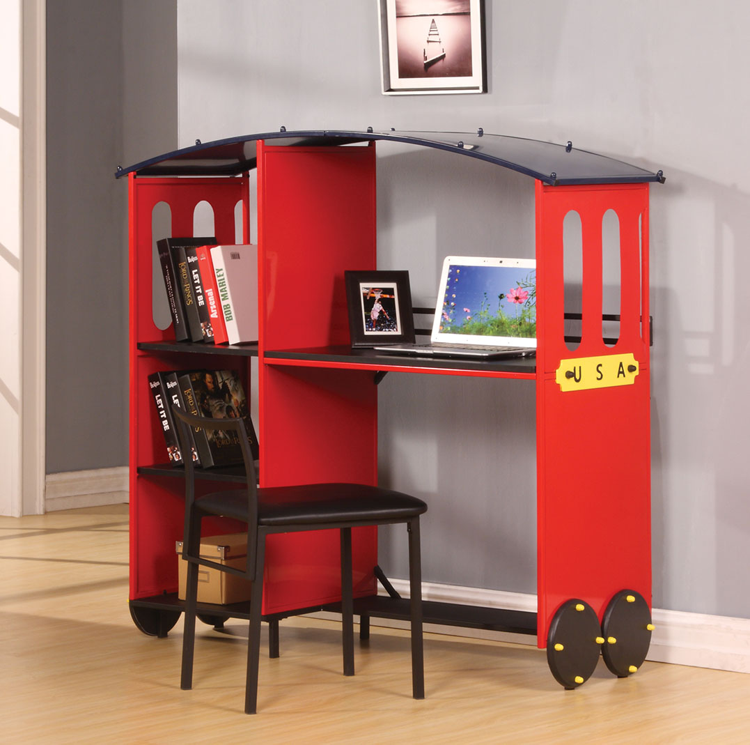 Desk & Bookcase, Red & Black - MDF, Metal Red & Black