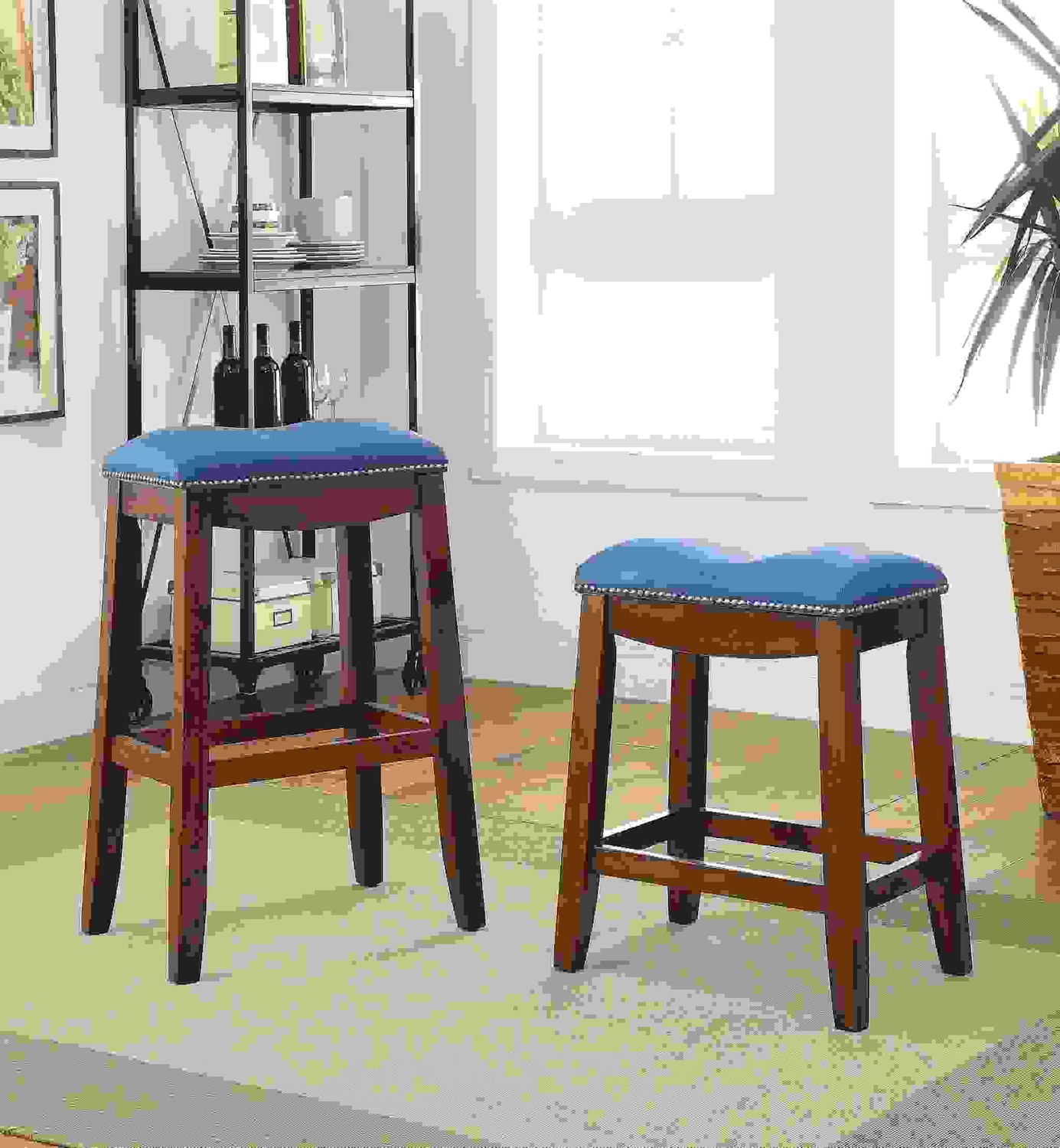 Bar Stool (Set-2), Blue & Oak