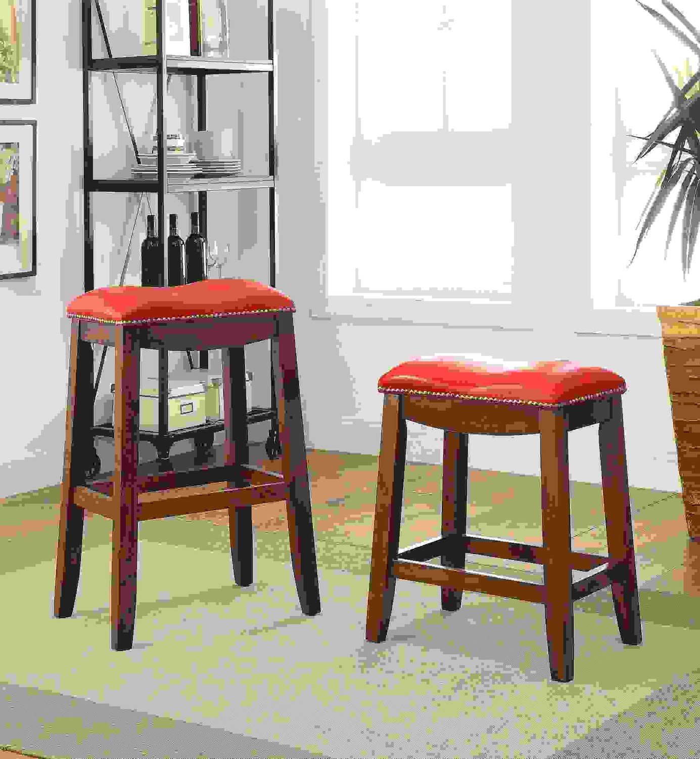 Bar Stool (Set-2), Red & Oak