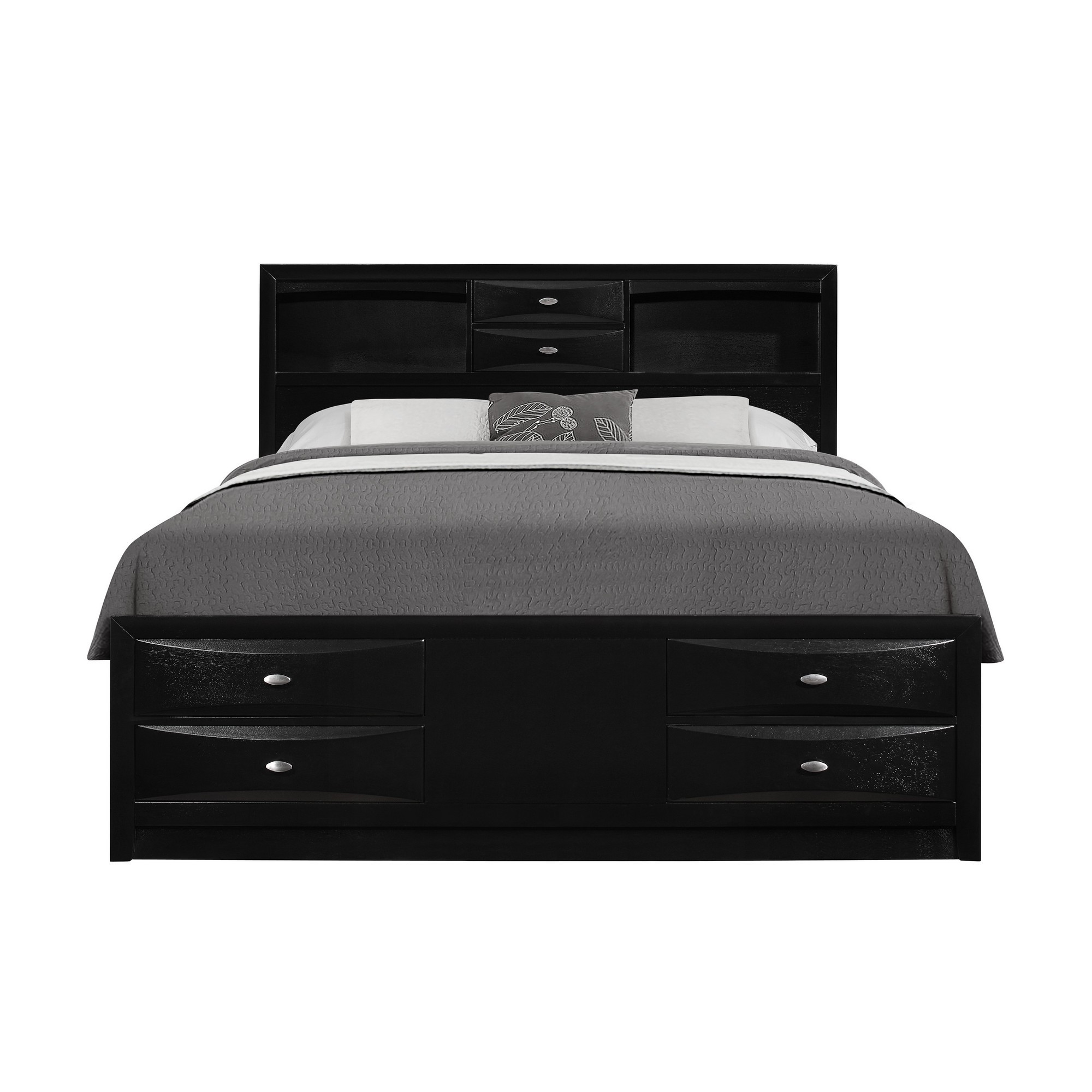 Black Veneer King Bed with bookcase headboard 10 drawers