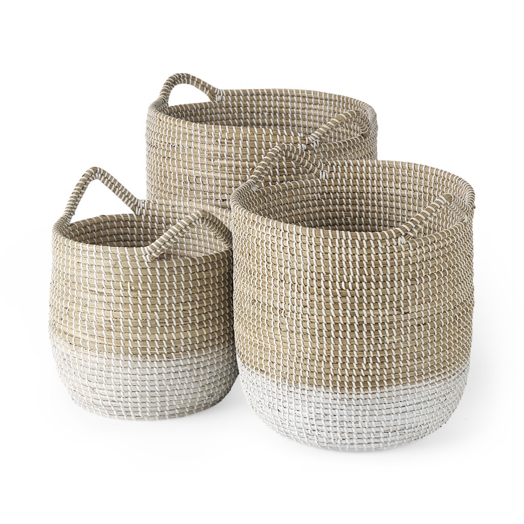 Set of Three Beige and White Storage Baskets