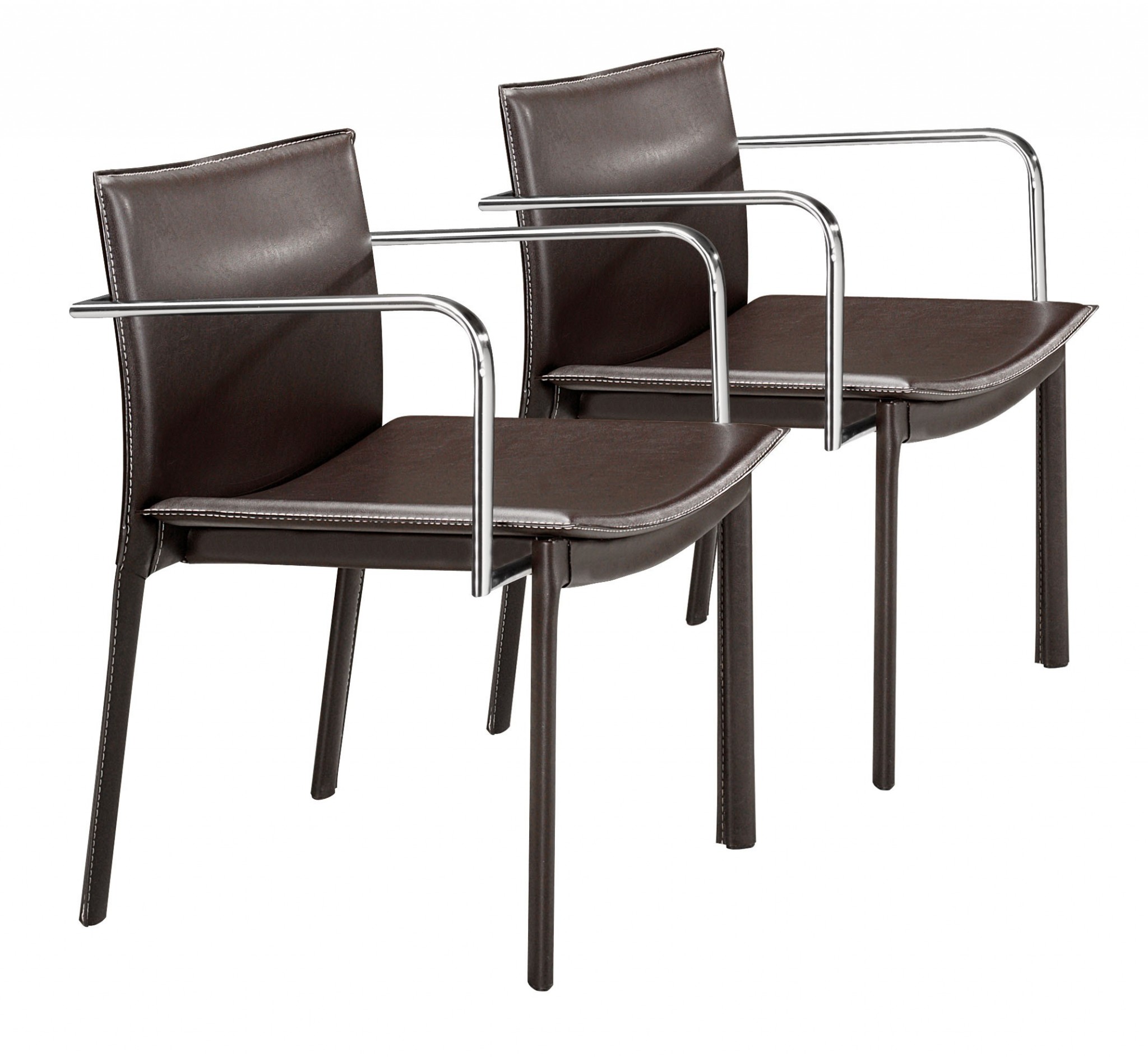 Set of Two Chrome Dark Brown Faux Leather Armchairs